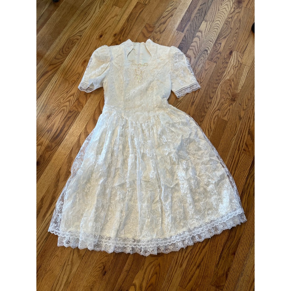 Vintage Jessica McClintock Gunne Sax White Lace Midi Dress Sequin Applique